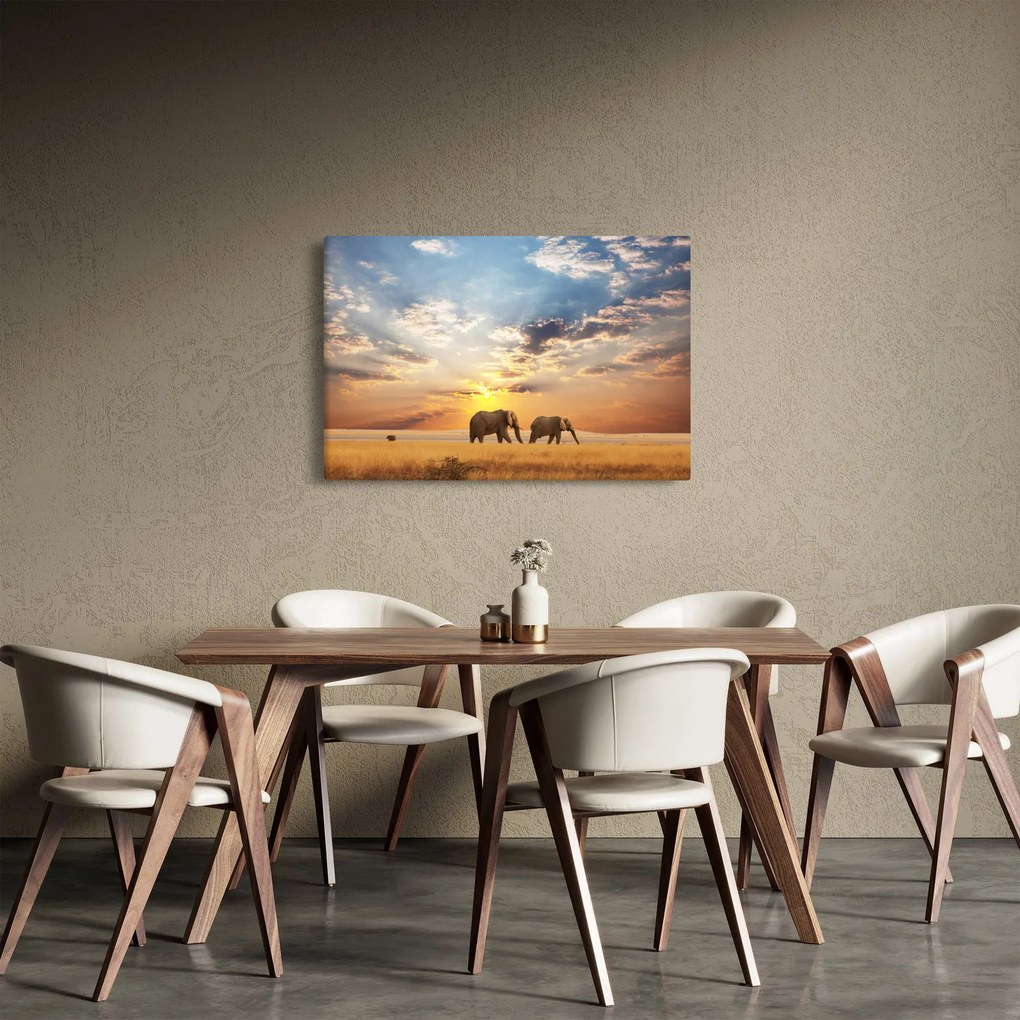 Obraz - Slony putujúce savanou (90x60 cm)