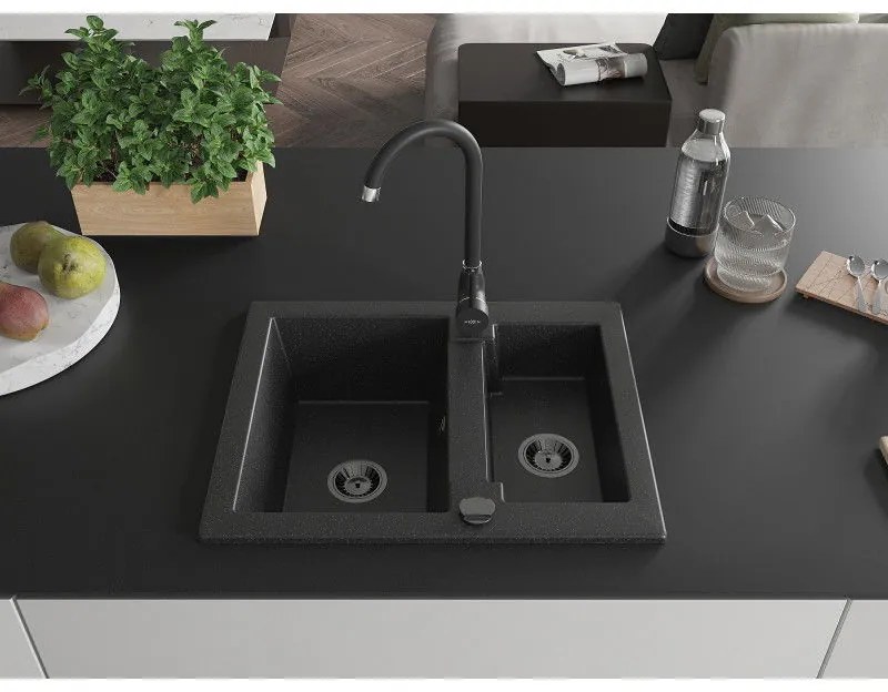 Mexen Carlos, granitový drez 582x475x177 mm, 1,5-komorový a čierna drezová batéria Telma, čierna - strieborná metalíza, 6518-73-670200-70-B