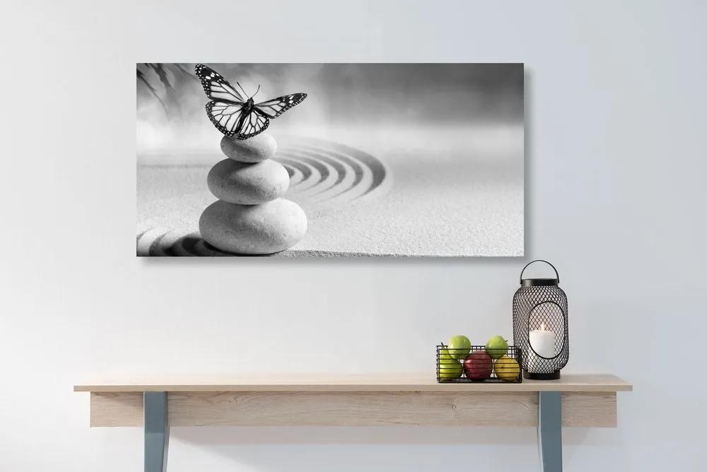 Obraz rovnováha kameňov a motýľ v čiernobielom prevedení - 120x60