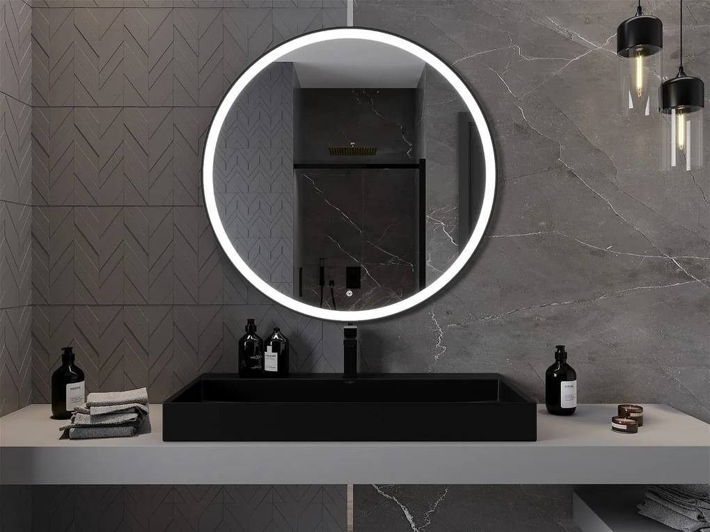 Mexen Esso, okrúhle LED podsvietené kúpeľňové zrkadlo 100 cm, 6000K, vykurovacia podložka proti zahmlievaniu, čierny rám, 9825-100-100-611-70