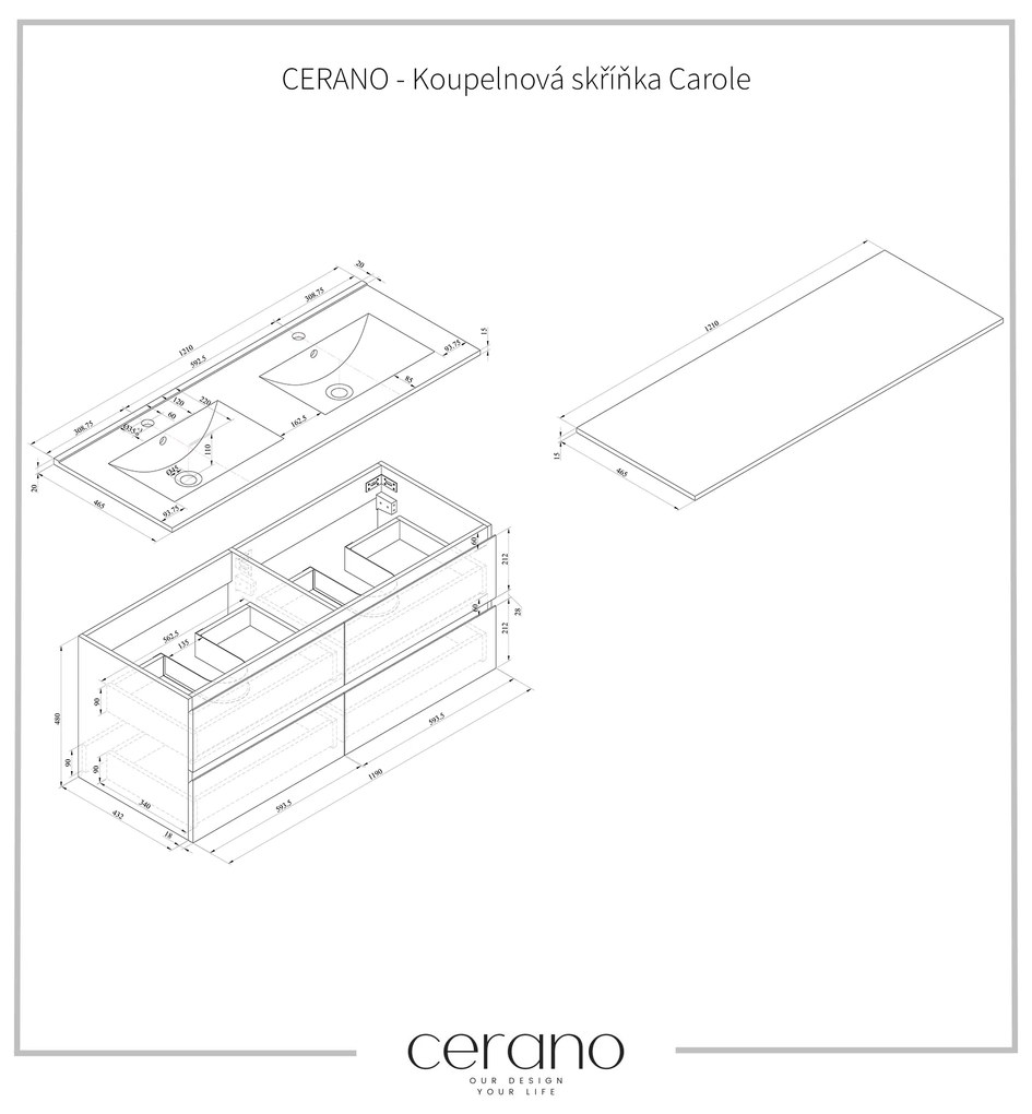 Cerano Carole, závesná umývadlová skrinka s doskou 120x46x50 cm, čierna matná, CER-CER-476396