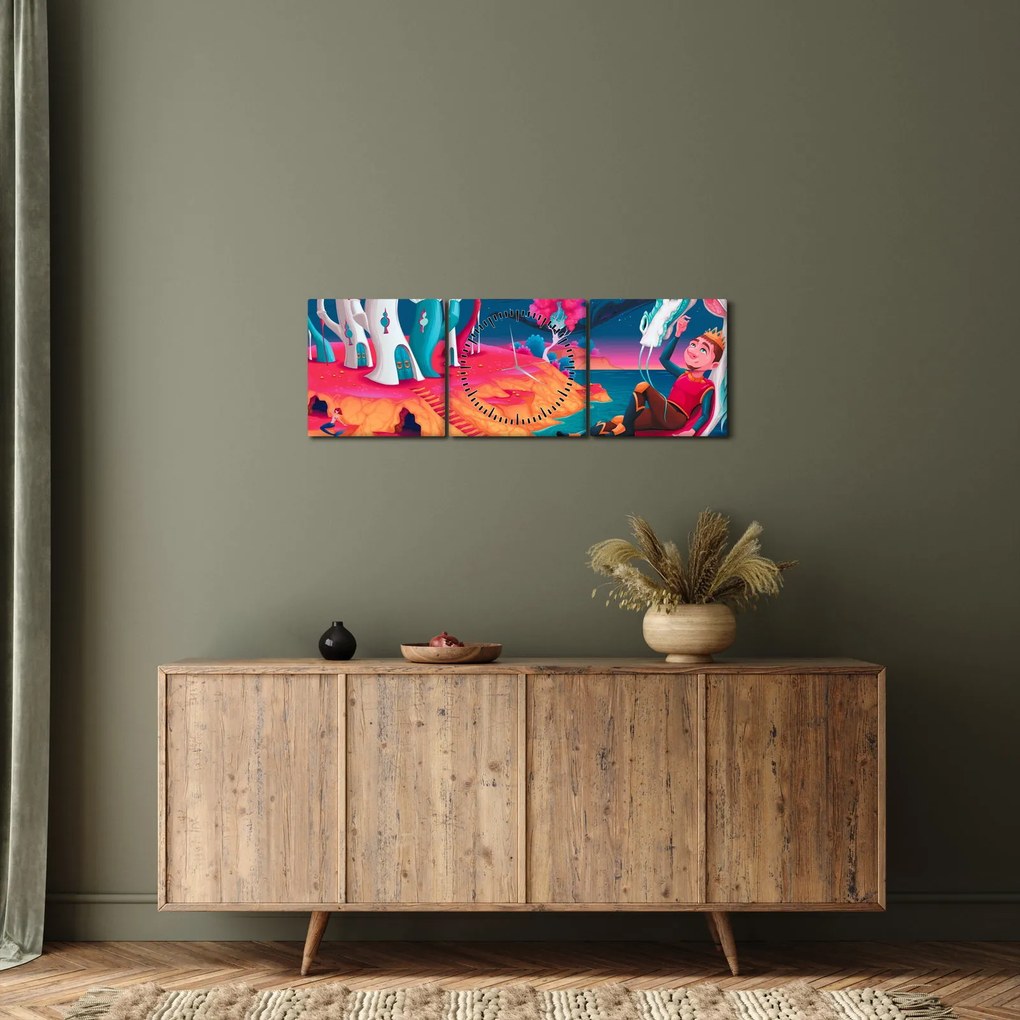 Obraz - Princ a dračia princezná (s hodinami) (90x30 cm)