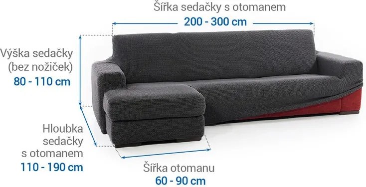 Super strečové poťahy NIAGARA antracitová sedačka s otomanom vľavo (š. 200 - 300 cm)