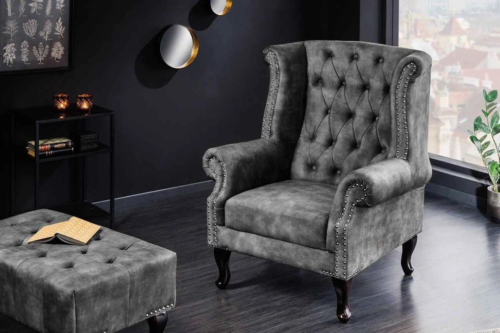 Dizajnové kreslo Chesterfield sivý zamat