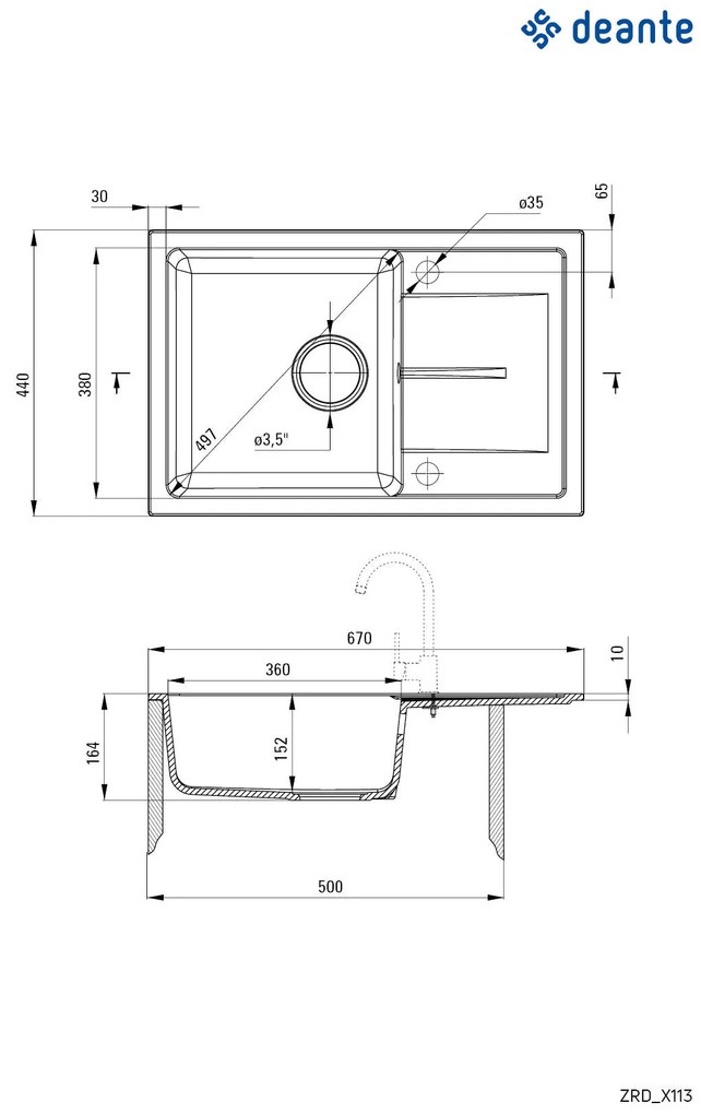 Deante Leda, granitový drez na dosku 670x440x164 mm Z/O, 3,5" + sifón, 1-komorový, piesková, ZRD_7113