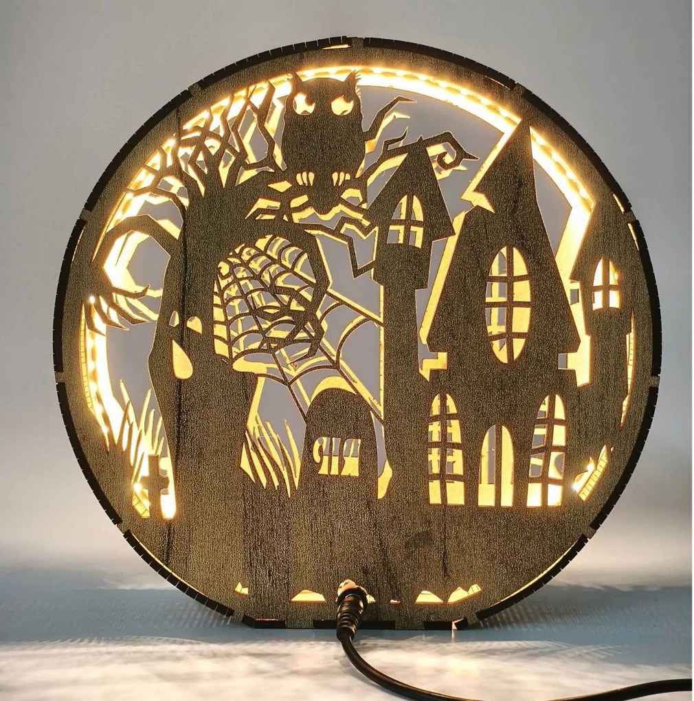 Drevená lampa Halloween - Strašidelný dom s sovou | DRACO: HDF - Orech 20 cm 4796-115339 LED0619