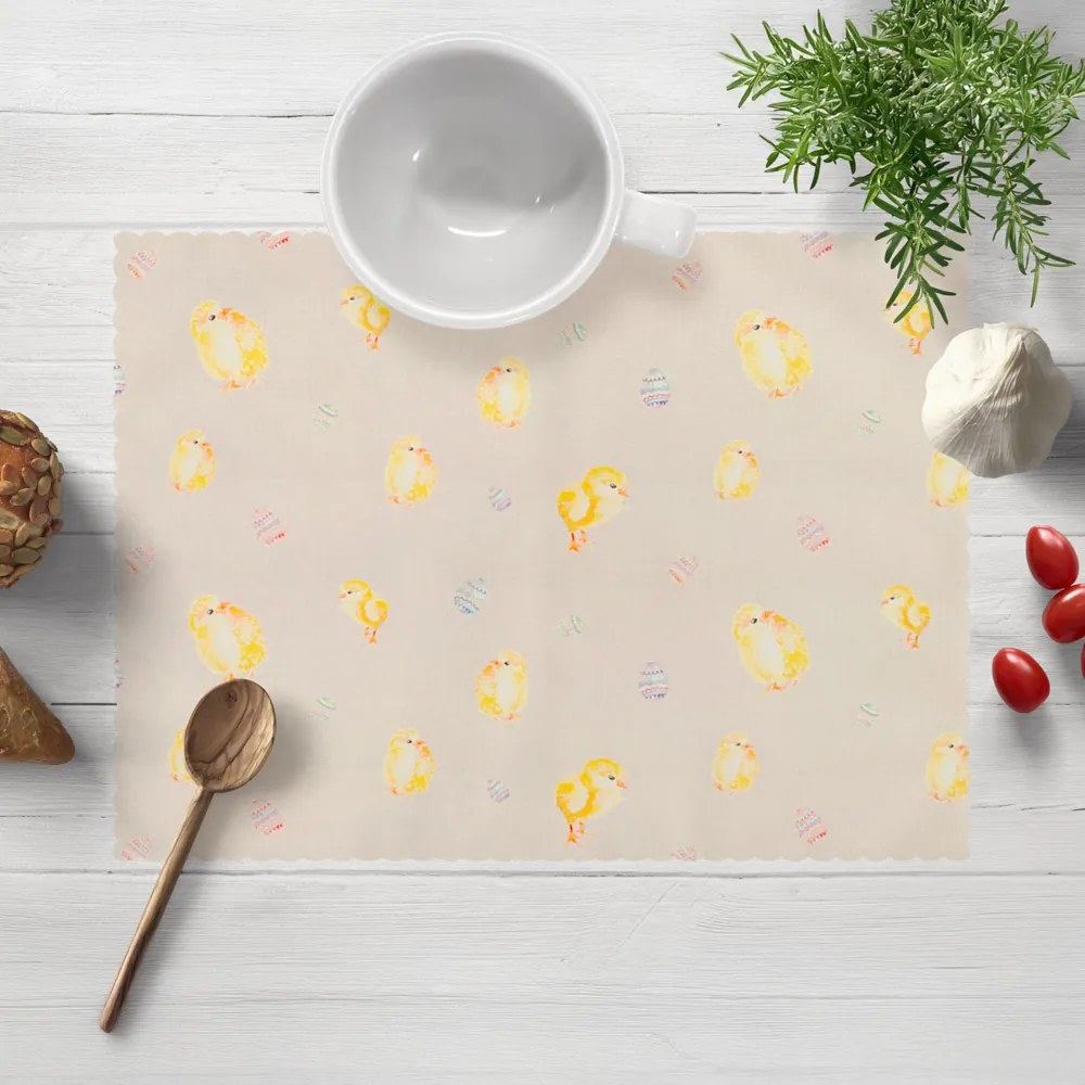 Biante Veľkonočné teflónové prestieranie na stôl TF-074 Kuriatka a kraslice na béžovom 30x40 cm