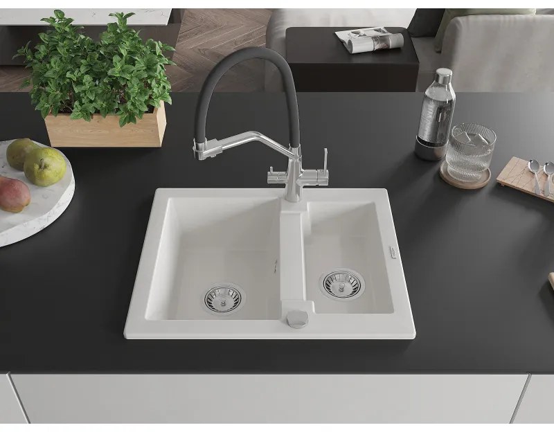 Mexen Carlos, 1,5-komorový granitový drez 582x475x177 mm a drezová batéria Duo, biela, 6518-20-671701-07