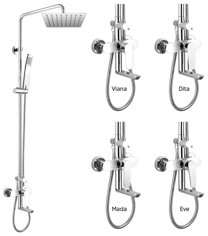 Mereo, Nástenná vaňová batéria Viana so sprch. tyčou, hadicou, ručnou a tanierovou sprchou slim 200x200mm, MER-CBE60101SDE