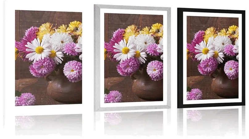 Plagát s paspartou zátišie s jesennými chryzantémami - 40x60 white