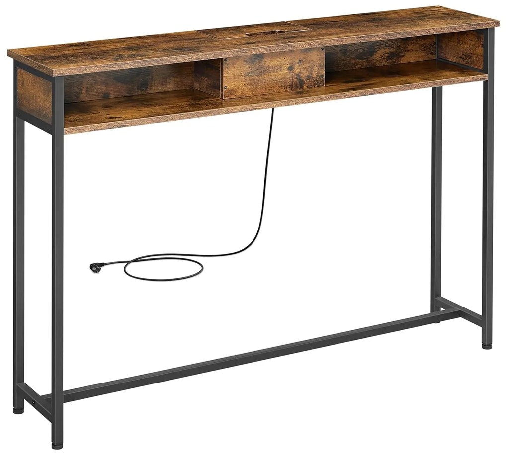 Konzolový stolík s nabíjacou stanicou, úzky stolík s 2 priehradkami, vintage hnedý a čierny