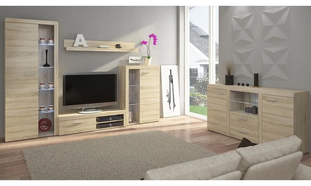 Obývacia stena Rodos s komodou, Farby: béžová piesková, Osvetlenie: bez osvetlenia