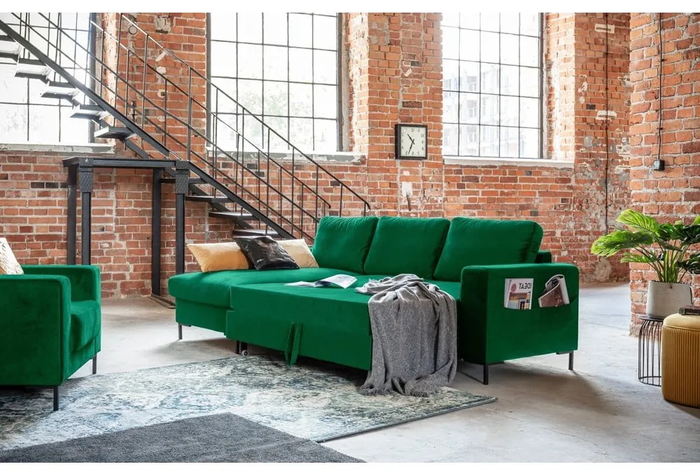 Zelená zamatová rozkladacia rohová pohovka Miuform Lofty Lilly, ľavý roh