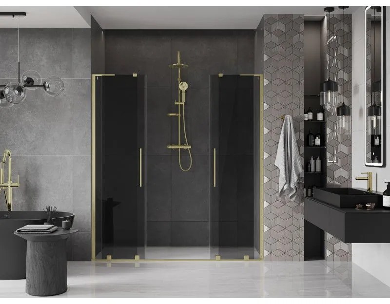 Mexen Velar L Duo, posuvné sprchové dvere do otvoru 180 cm, 8mm šedé sklo, zlatá matná, 871-180-003-42-55