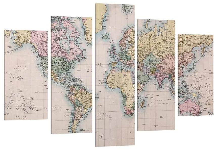 Manufakturer -  Päťdielny obraz Ročník mapa sveta okolo roku 1850