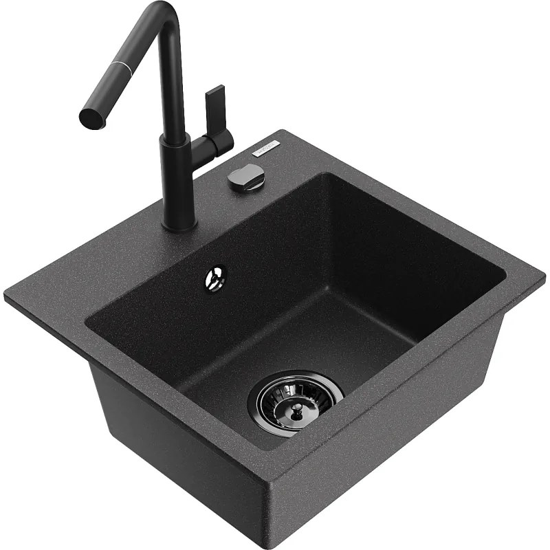 Mexen Milo, 1-komorový granitový drez 435x410x171 mm a drezová batéria Flora, čierna škvrnitá, 6505-76-670401-70-B