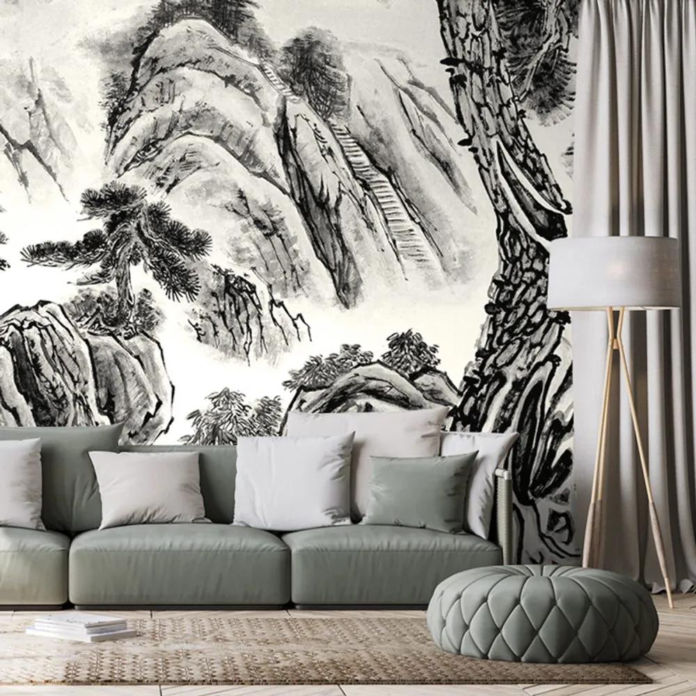 Samolepiaca tapeta čiernobiela maľba čínskej krajiny