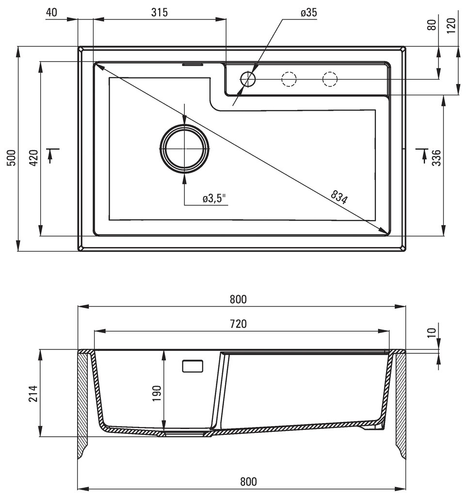 Deante Eridan, granitový drez na dosku 800x500x214 mm, 3,5" + priestorovo úsporný sifón, 1-komorový, antracitová metalíza, DEA-ZQE_T10B