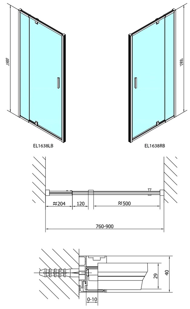 Polysan Polysan, EASY BLACK otočné sprchové dvere 760-900mm, sklo Brick, EL1638B