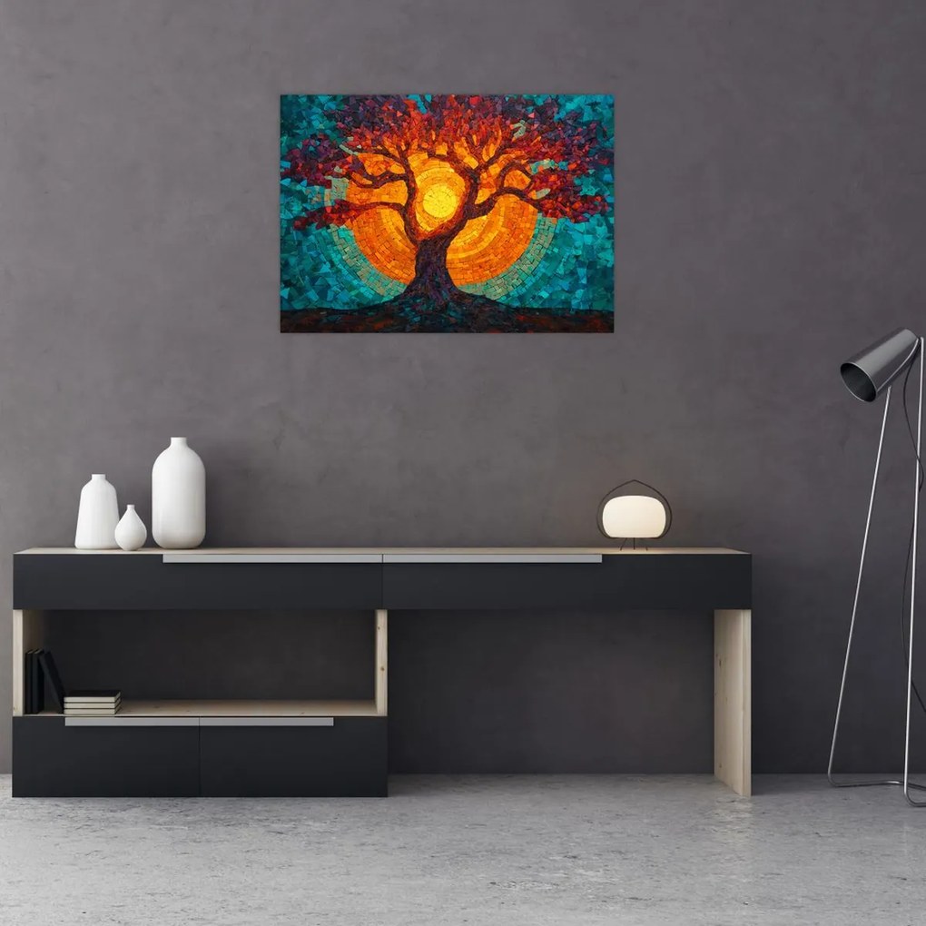 Sklenený obraz - Strom života a slnko v mozaike (70x50 cm)