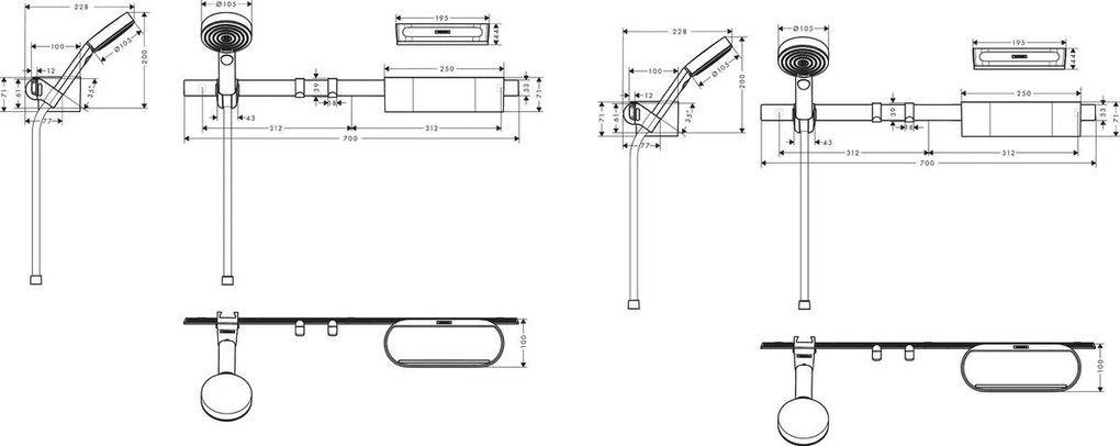 Hansgrohe WallStoris, sada ručná sprcha 105 3jet Activation EcoSmart, nástenná tyč 700 mm, odkladací set, biela matná, HAN-24291700