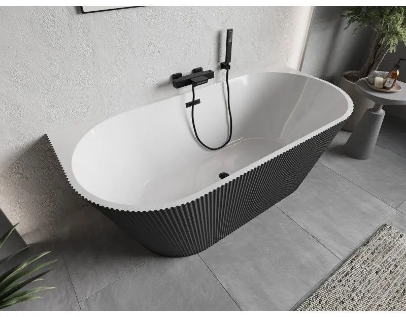 Mexen Oris, voľne stojaca ryhovaná vaňa 150 x 75 cm, biela-šedá, čierny matný prepad, 52871507562-70