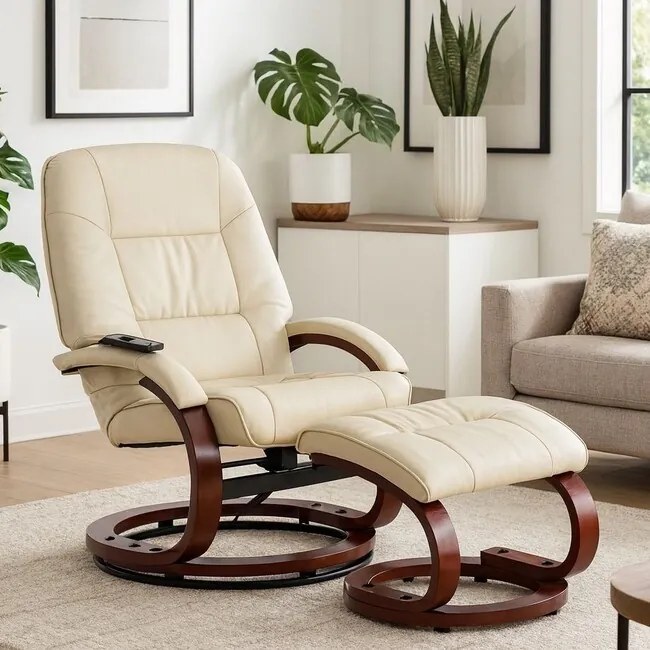 Otočné masážne kreslo s vyhrievaním a podnožkou Vermont béžová ekokoža