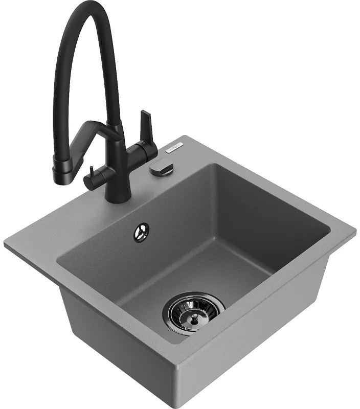 Mexen Milo, granitový drez 435x410x171 mm, 1-komorový a drezová batéria Duo, šedá, 6505-71-671701-70-B