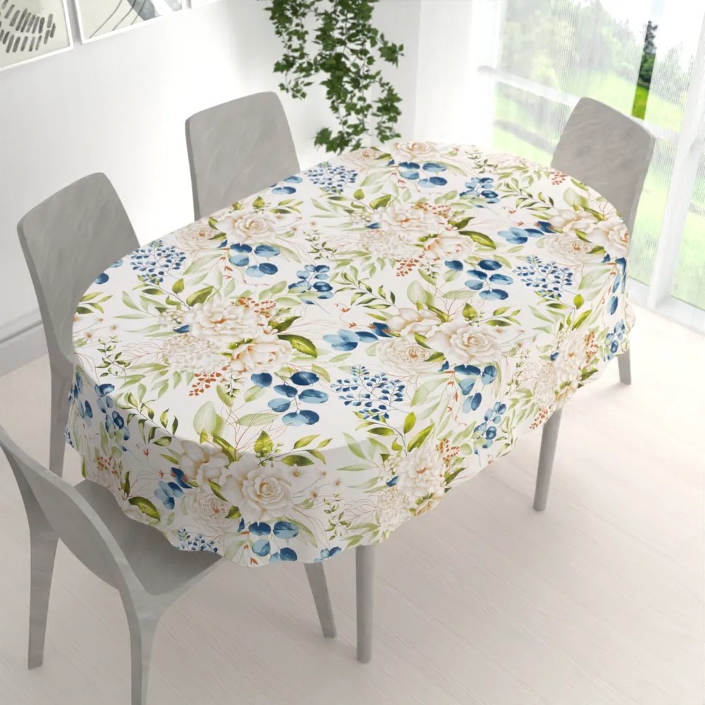 Biante Bavlnený oválny obrus Sandra SA-668 Kvety a modro-zelené listy na bielom 50x100 cm