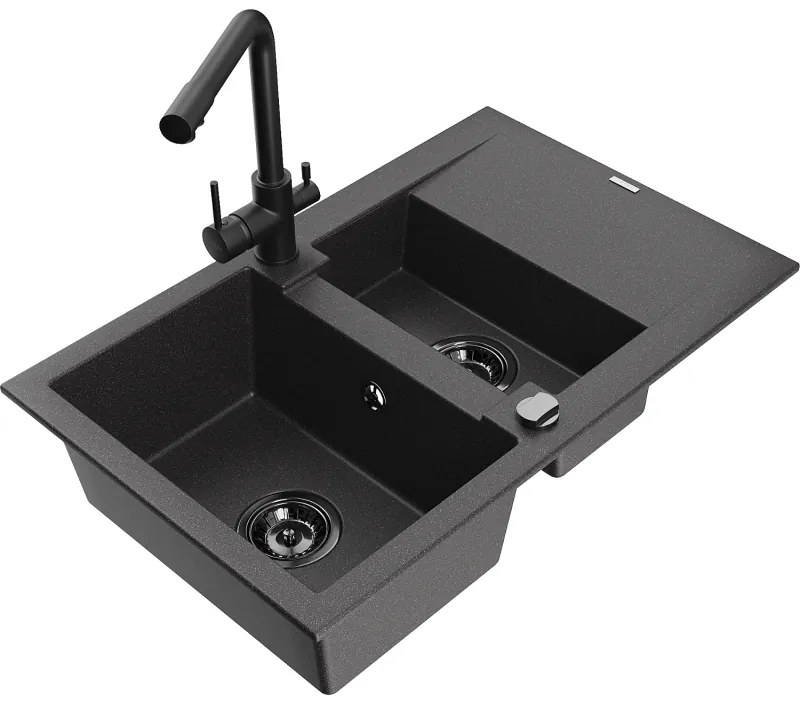 Mexen Gaspar, granitový drez 737x475x177 mm, 1,5-komorový, čierna batéria Duero, čierna škvrnitá, 6507-76-671600-70-B