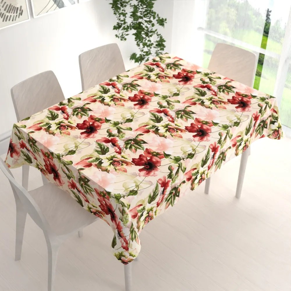 Biante Zamatový obdĺžnikový obrus Tamara TMR-051 Abstraktné červené kvety na žltobéžovom 140x220 cm