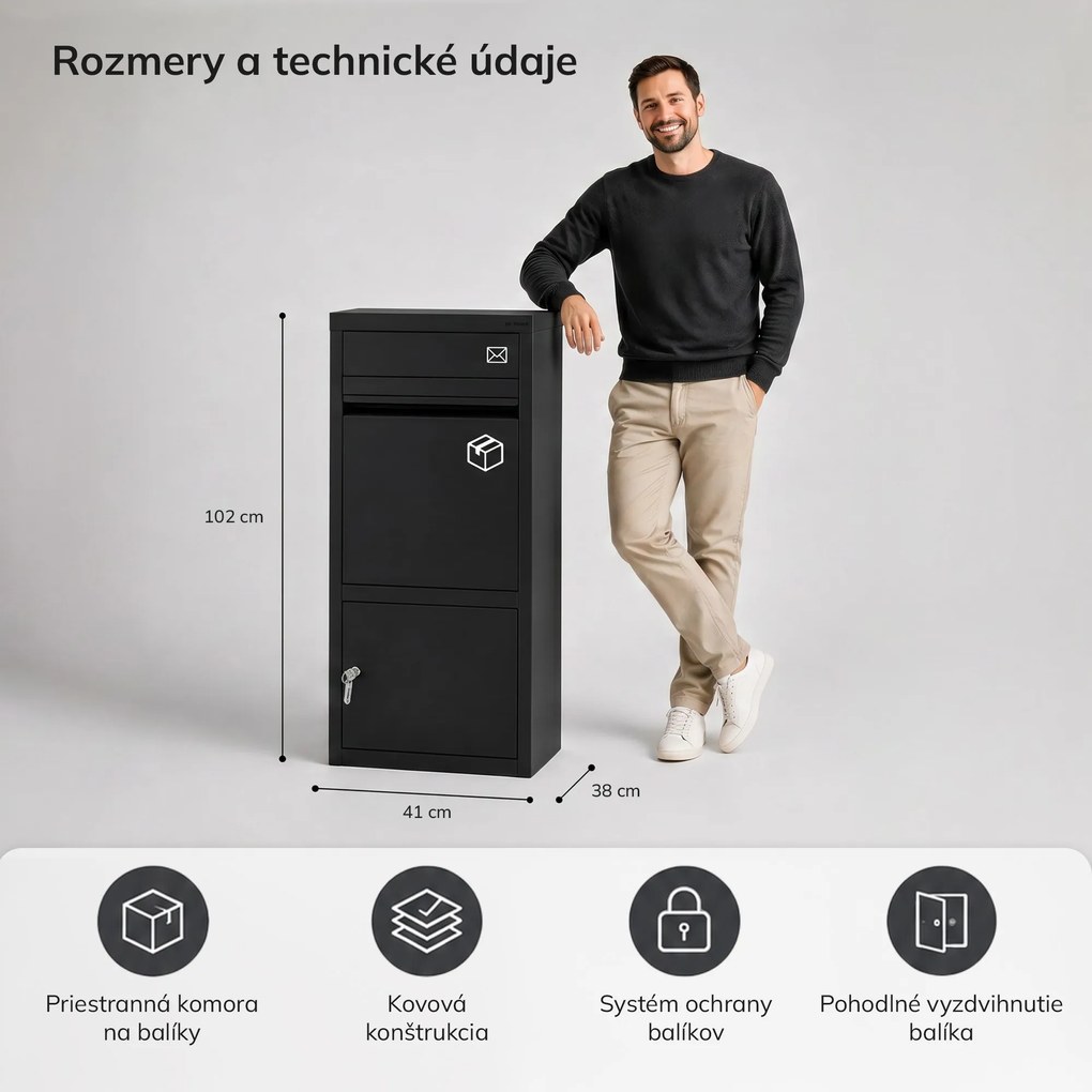 Schránka na balíky a listy, balíkobox, kovová, exteriérová, uzamykateľná, čierna PAT