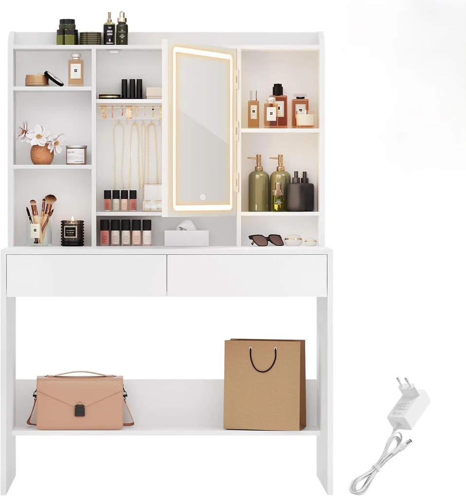 Toaletní stolek Vasagle Berny 90 cm se zrcadlem a LED osvětlením bílý