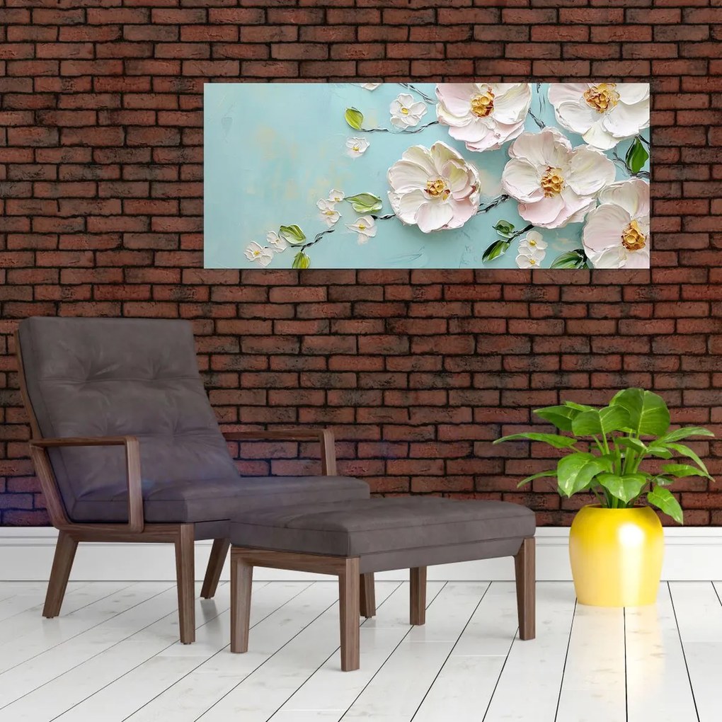 Obraz - Kvietky na modrom pozadí (120x50 cm)