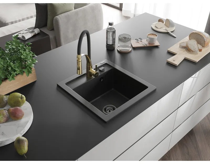 Mexen Vito, 1-komorový granitový drez 490x520x210 mm a drezová batéria Aster, čierna-strieborná metalíza, 6503-73-73450-57-B