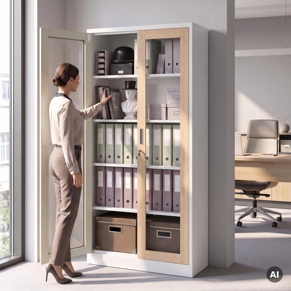 Kovová skriňa s vitrínou biela, dub sonoma, 900x1850x400 mm: AMELIA Eco Design