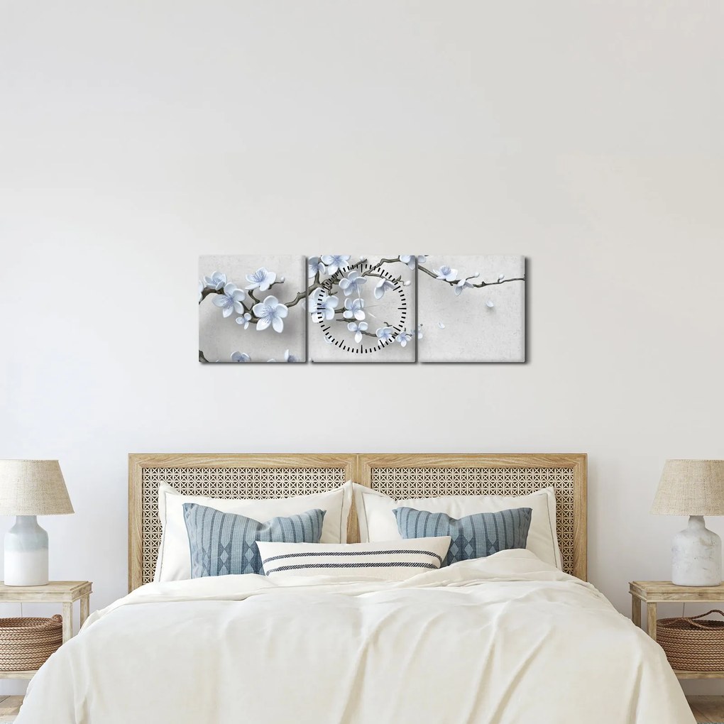 Obraz modrých kvetov (s hodinami) (90x30 cm)