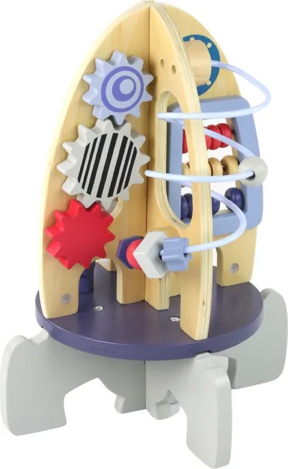 LEAN Toys Drevená edukačná hračka raketa s korálkami a ozubenými kolieskami