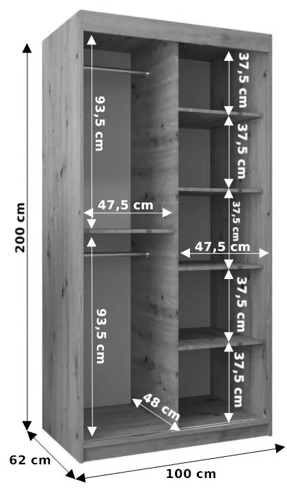 Šatníková skriňa 100 cm Eclipse (dub artisan + čierna matná). Akcia -6%. Vlastná spoľahlivá doprava až k Vám domov. 1063380