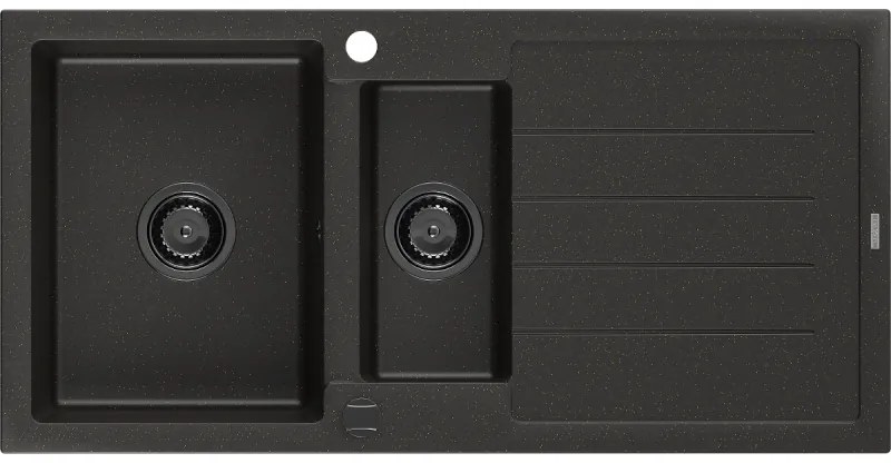 Mexen Andres, granitový drez 1000x500x200 mm, 1,5-komorový, čierna so zlatou metalízou a čiernym sifónom, 6515101510-75-B