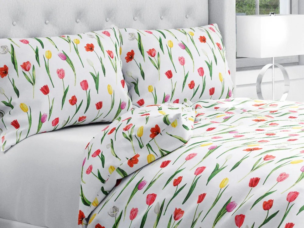 Biante Bavlnené posteľné obliečky Sandra SA-506 Tulipány na bielom Predĺžené 140x220 a 70x90 cm
