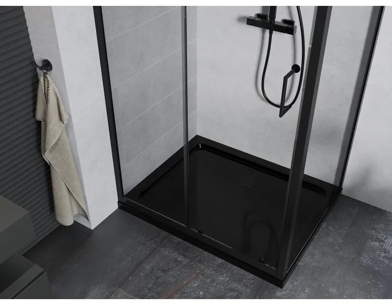 Mexen Apia, sprchový kút s posuvnými dverami 130 (dvere) x 100 (stena) cm, 6mm číre sklo, čierny profil + čierna sprchová vanička s čiernym sifónom, 840-130-100-70-00-4070B