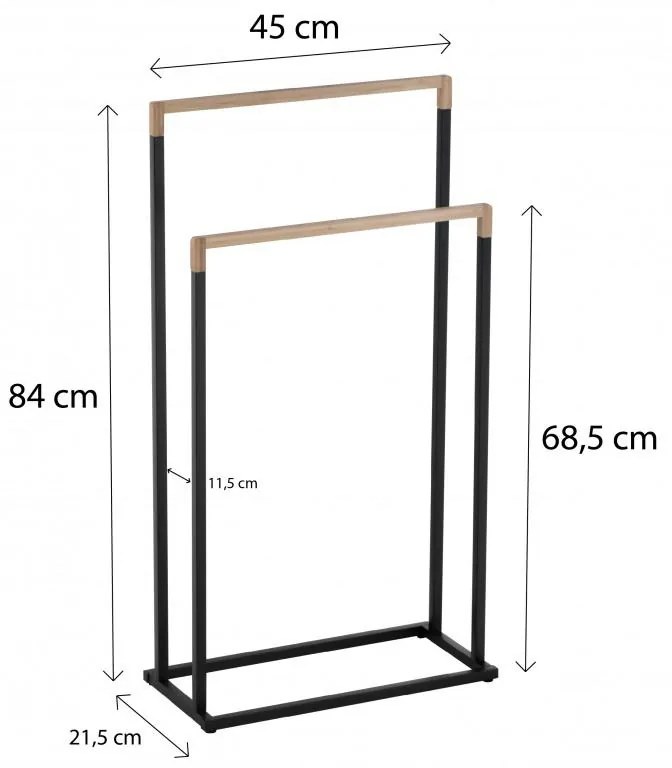 Erga Zola, 2-ramenný vešiak na uteráky na postavenie 45x21,5x84 cm, čierna matná-hnedá, ERG-YKA-P.ZOLA-2-BLK