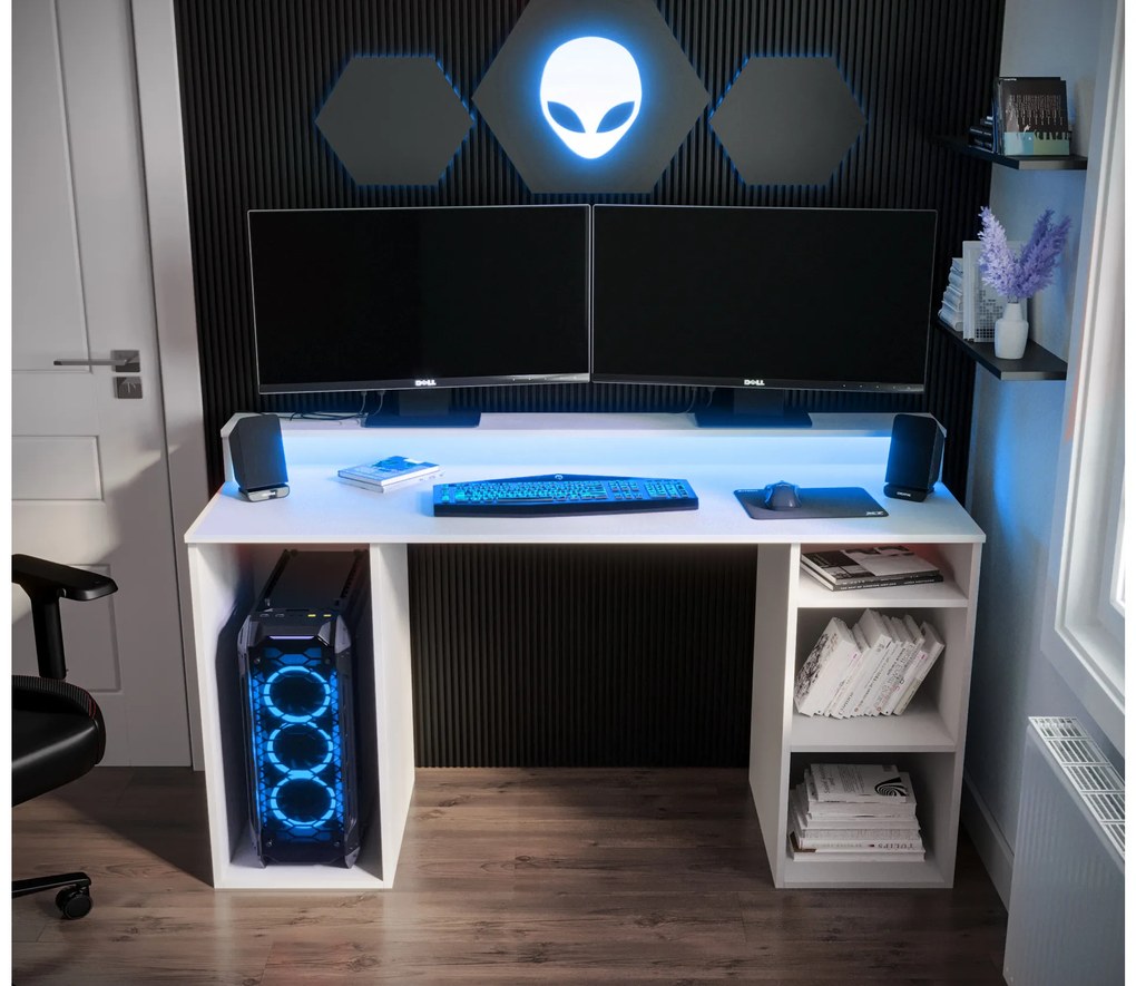 Herný PC stolík Garrick 1 (biely) (s LED RGB osvetlením). Akcia -20%. Vlastná spoľahlivá doprava až k Vám domov. 1064133