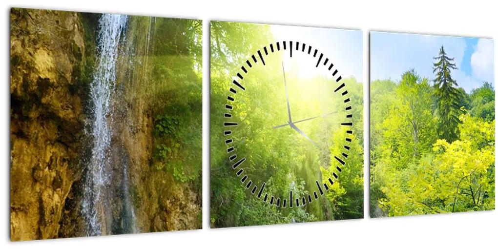 Obraz - vodopády v pralese (s hodinami) (90x30 cm)