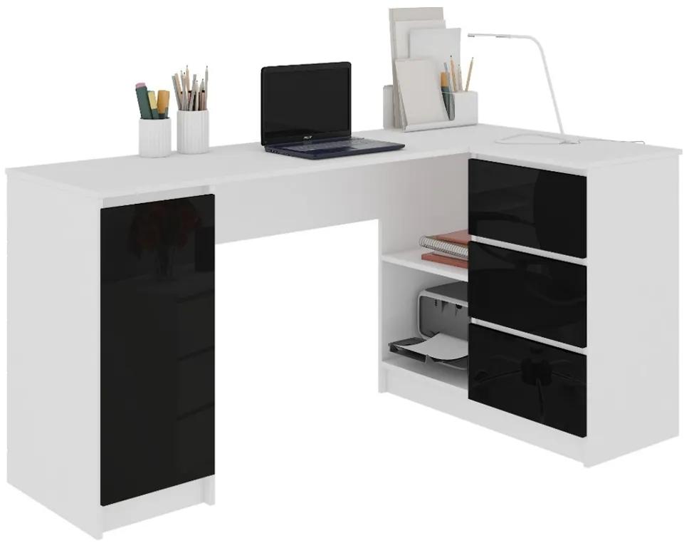 Písací stôl AKORD B20, 155x77x85/48,5, biela/čierna lesk, pravá