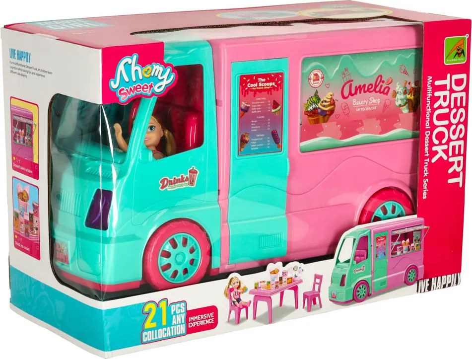Hračka pre bábiky KIK 2v1 Karavan a Food Truck so zmrzlinou, 21-dielna sada