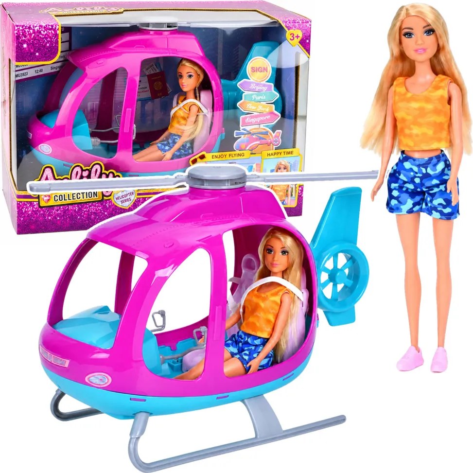 LEAN Toys Súprava bábika Anlily, veľký vrtuľník s pohyblivými vrtuľami, fialová súprava