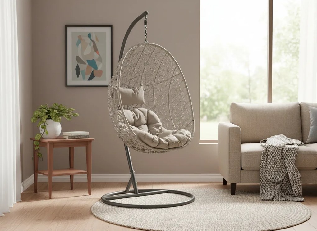 CH ZÁVESNÁ STOLIČKA, ŠEDÁ, VANKÚŠ – ŠEDÝ, RÁM – TMAVOSÉRY 115 X 90 X H67 CM