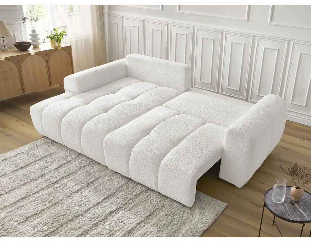 Biela rozkladacia/s úložným priestorom rohová pohovka z textílie buklé (ľavý roh/s leňoškou) Roxelane – Bobochic Paris